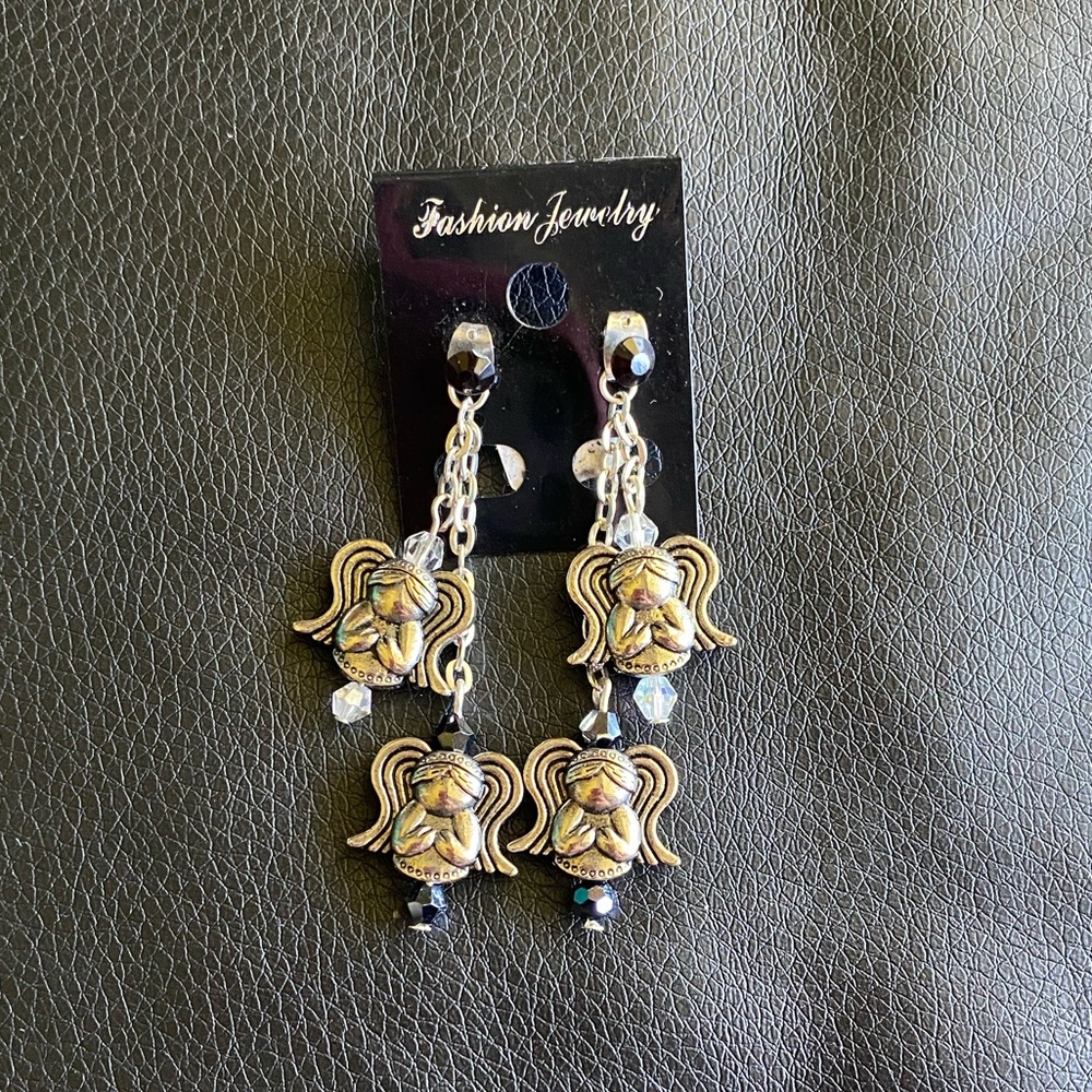 Angel Figures Dangling Beaded Silver Earrings